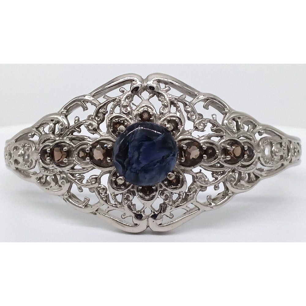 Karis Blue Stone Smoky Quartz Gemstone Cuff Bracelet Silver Tone G&B Ornate